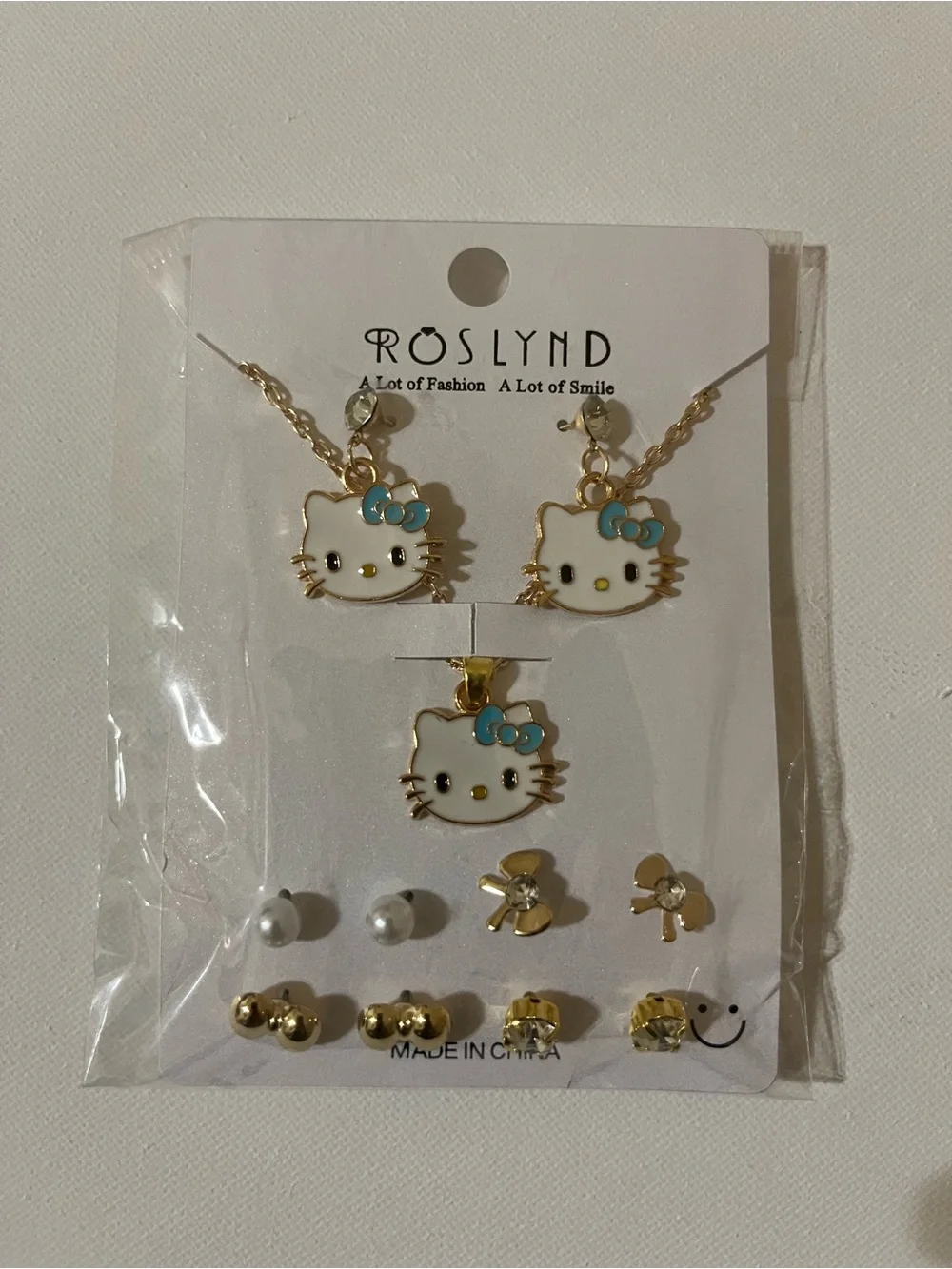 Gold White Hello Kitty Pendant and Earring Set